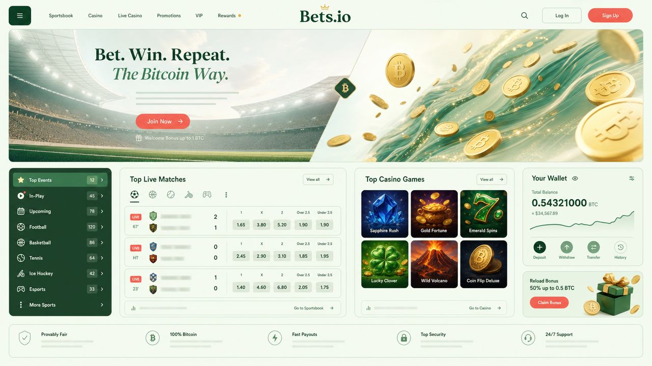 Bets.io Bitcoin casino homepage screenshot