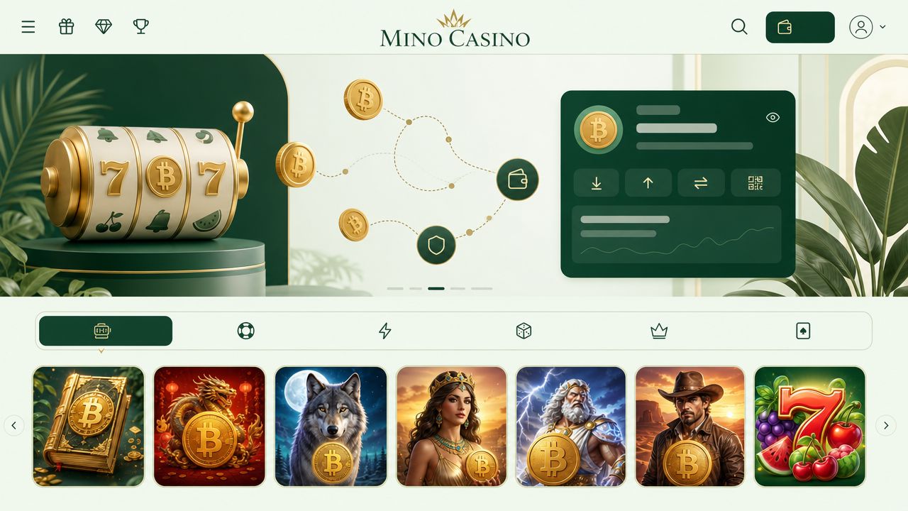 Mino Casino homepage with Bitcoin wallet widget and slot game tiles
