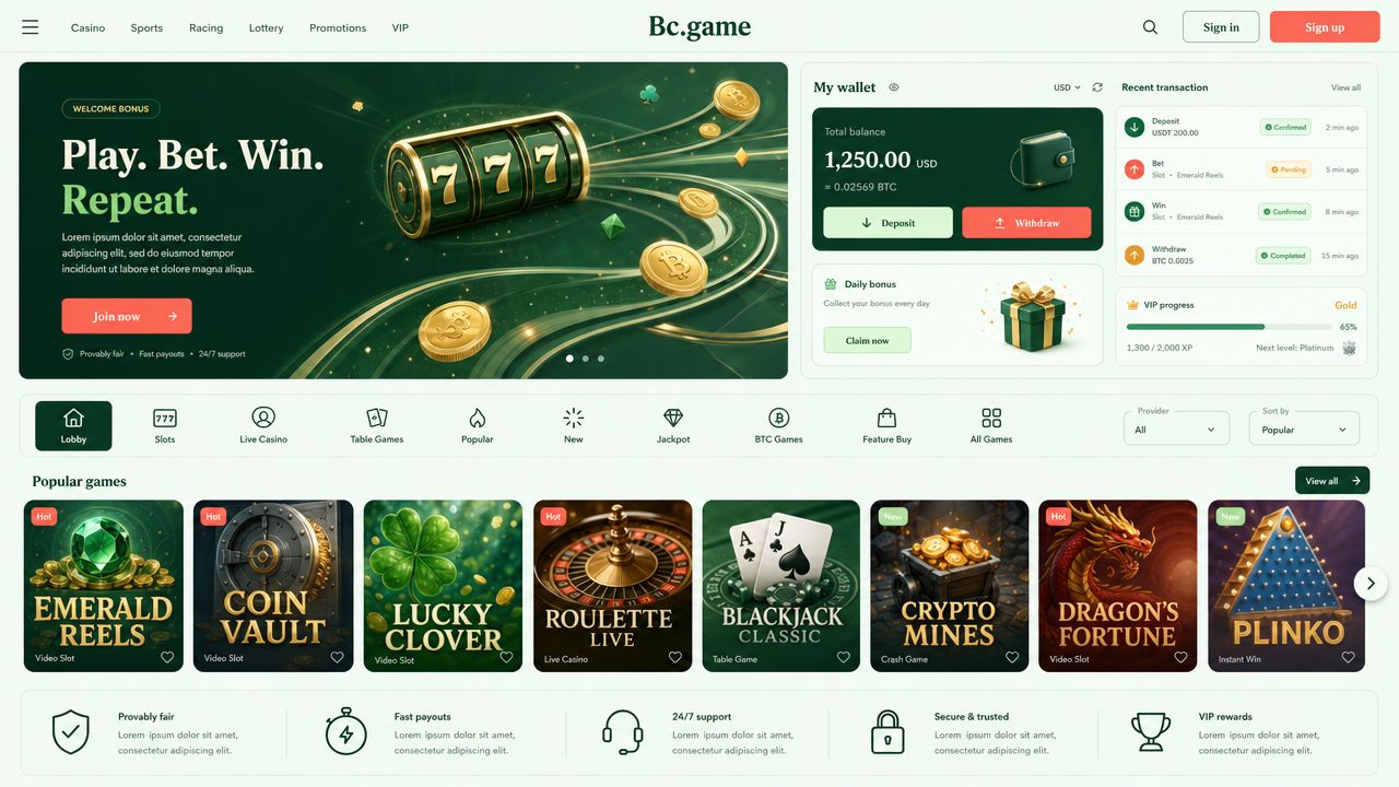 Illustrated Bc.game casino homepage with game tiles and a wallet panel
