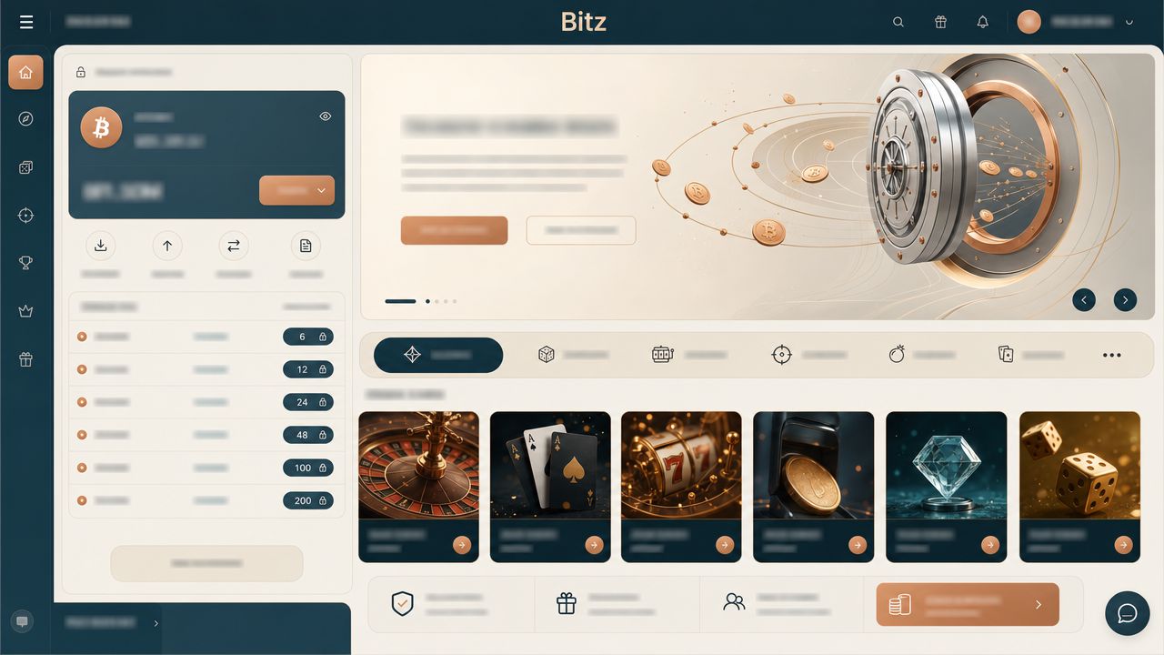 Bitz Bitcoin casino homepage with wallet widget and game tiles