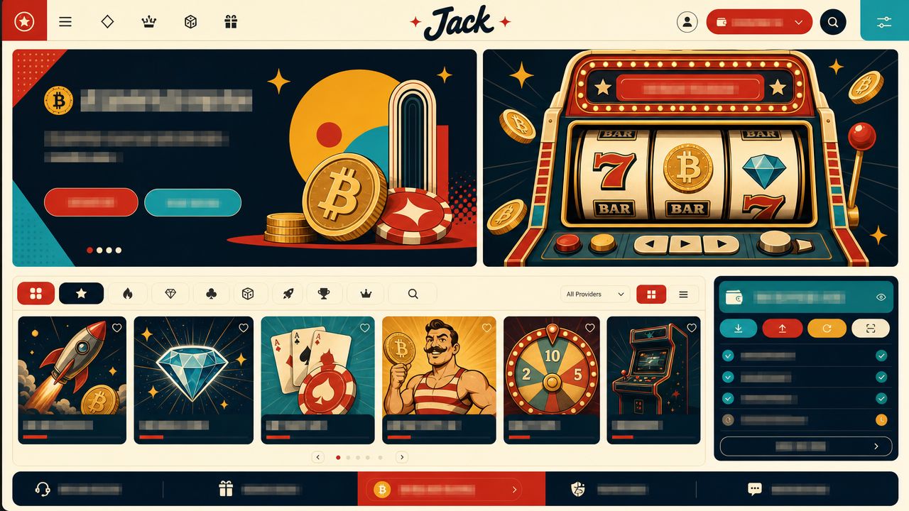 Jack casino homepage with game tiles, category tabs and wallet panel
