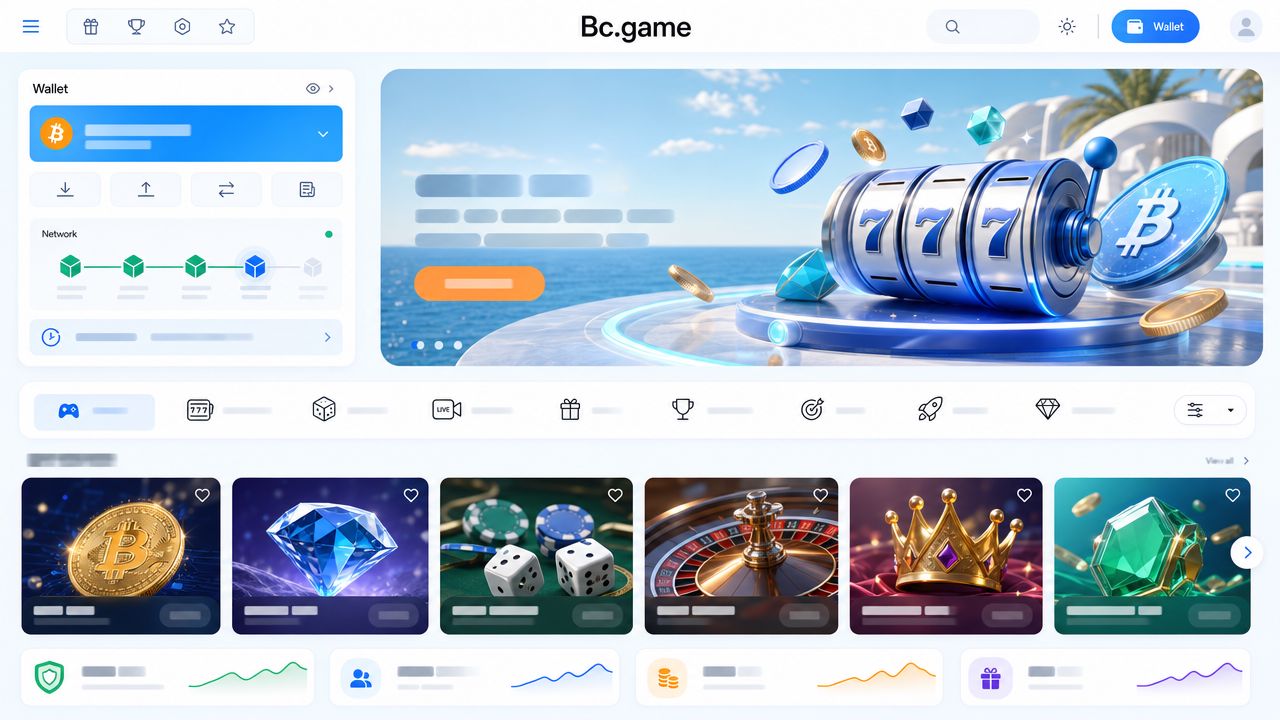 Bc.game casino homepage with game tiles and a wallet panel