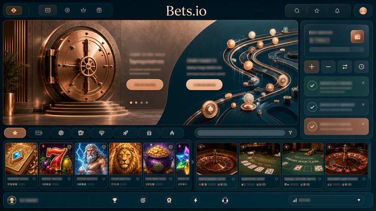 Bets.io Bitcoin casino homepage with vault hero, game tiles and wallet widget