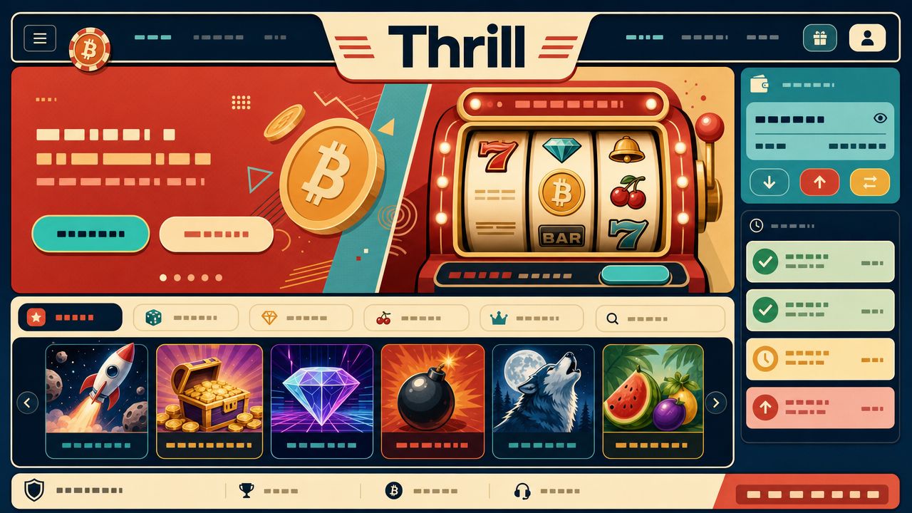 Thrill Bitcoin casino homepage with slot reels, game tiles and wallet widget