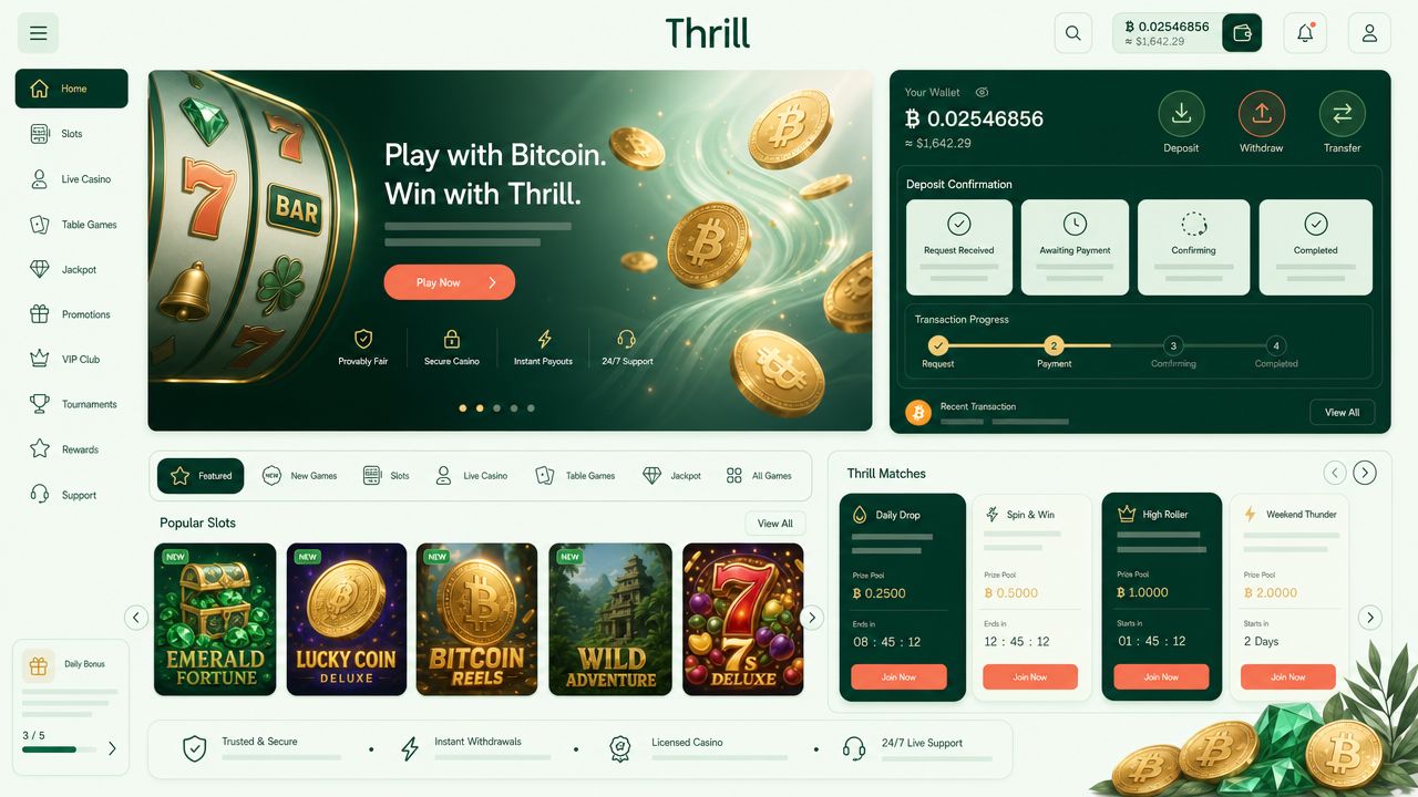 Thrill casino homepage with slot tiles, game category tabs and a Bitcoin wallet widget