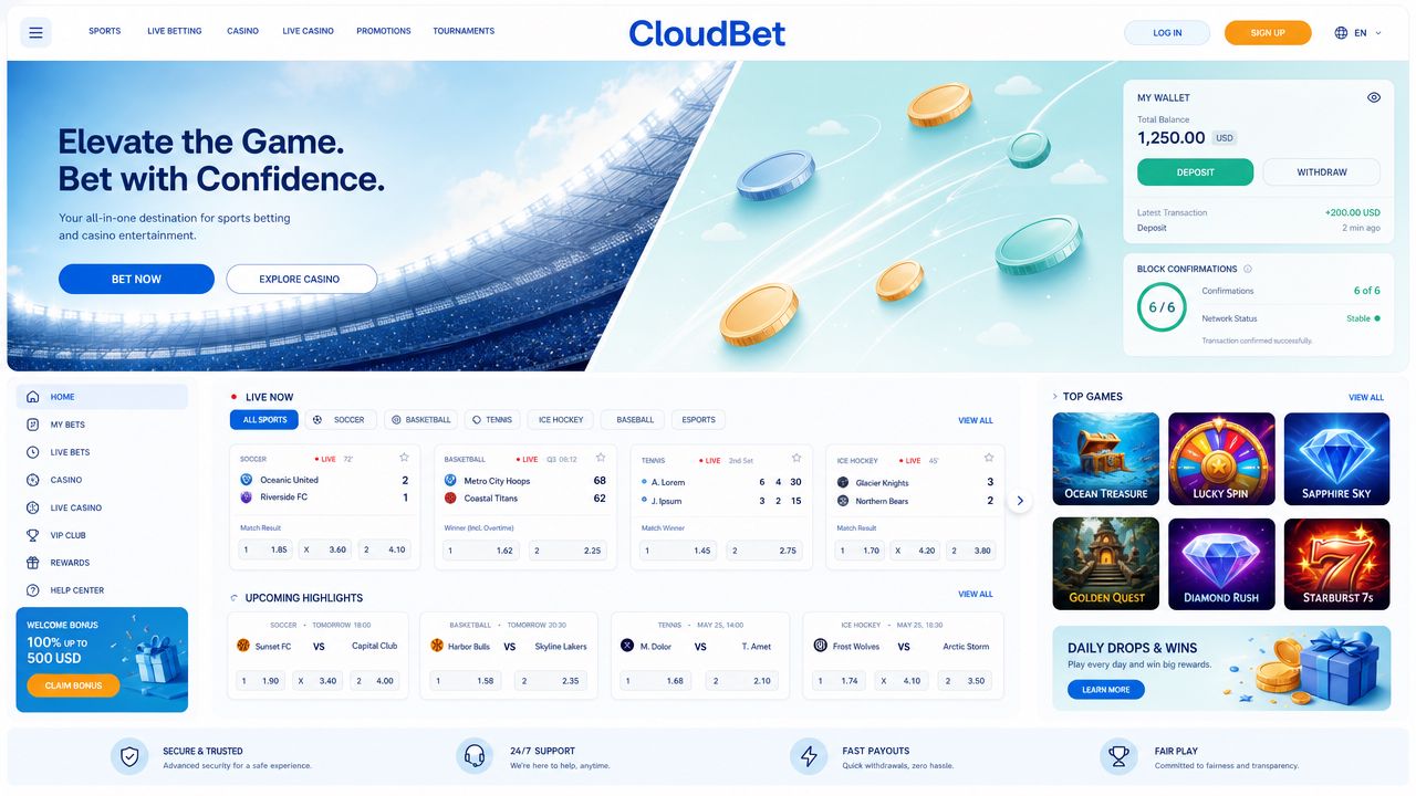 Cloudbet Bitcoin casino homepage with wallet widget and game tiles
