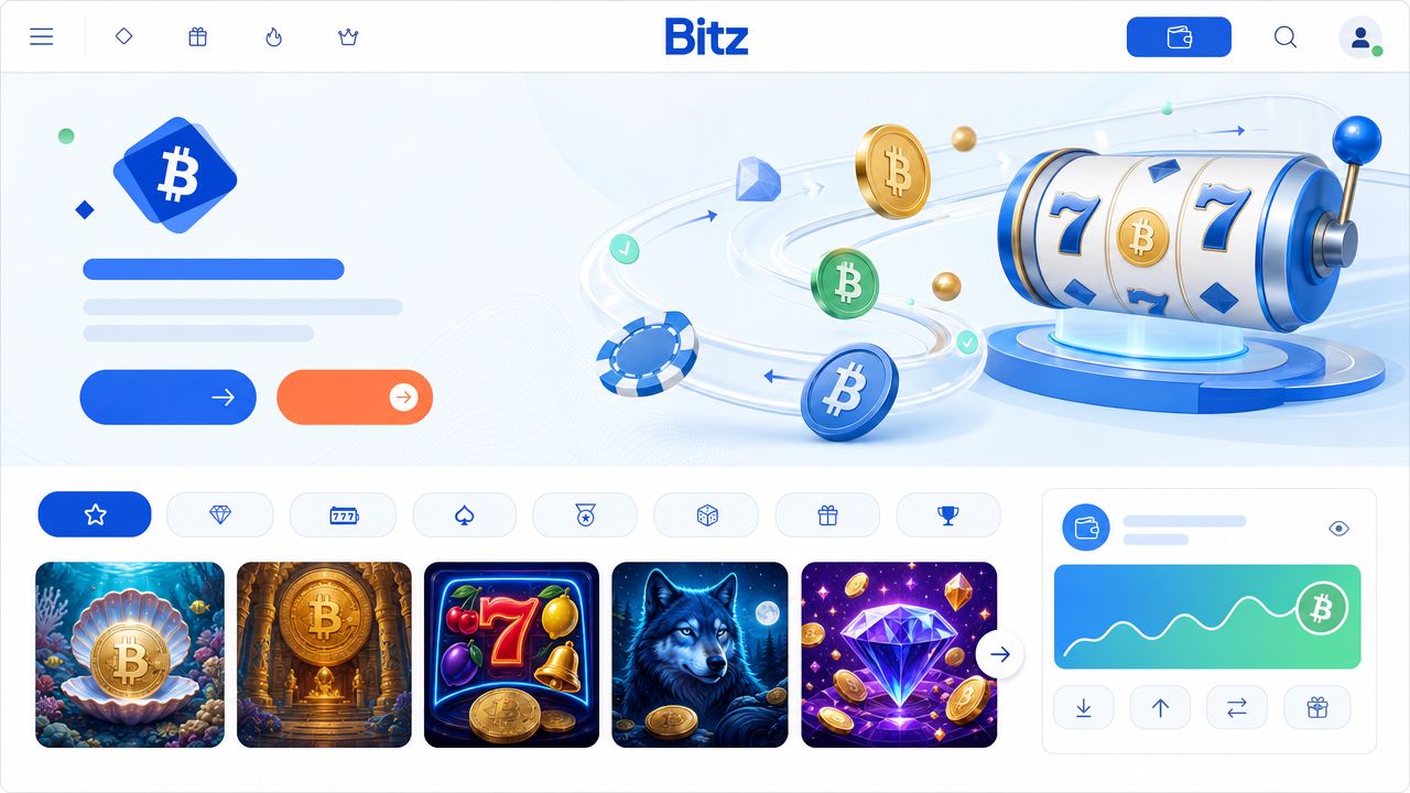 Bitz Bitcoin casino homepage with slot tiles and a wallet widget
