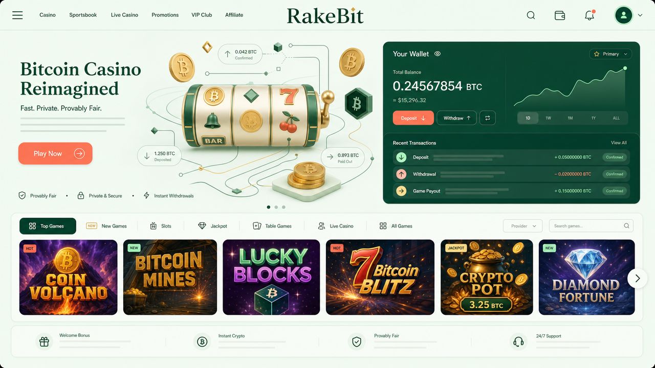 RakeBit Bitcoin casino homepage with game tiles and wallet widget
