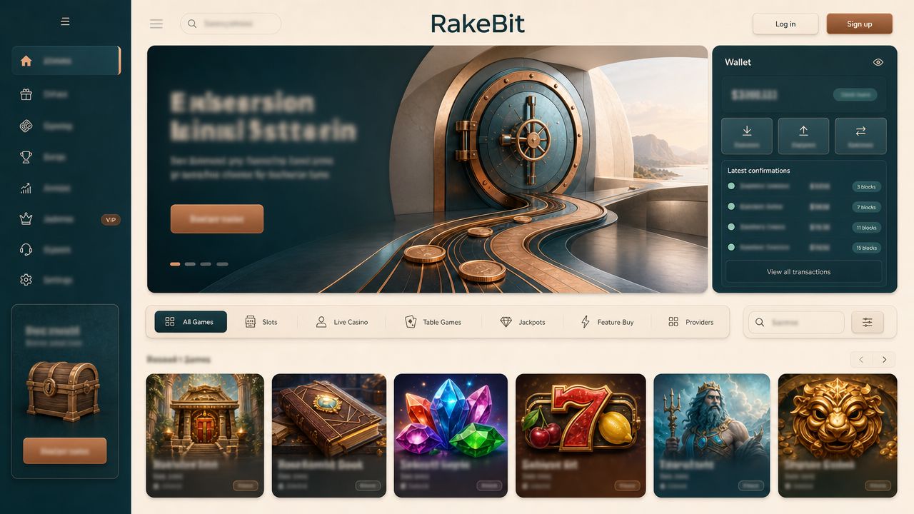 RakeBit Bitcoin casino homepage with wallet widget, category tabs and slot tiles