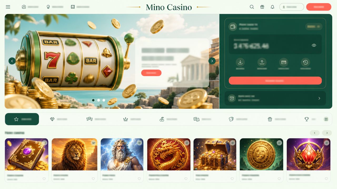 Mino Casino homepage with Bitcoin wallet widget and slot game tiles