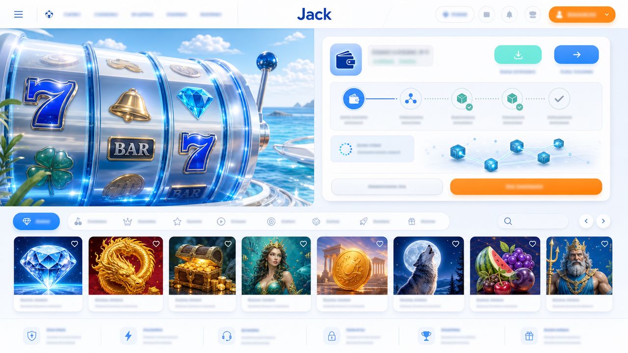 Jack casino homepage with a slot reel hero, wallet widget and game category tabs