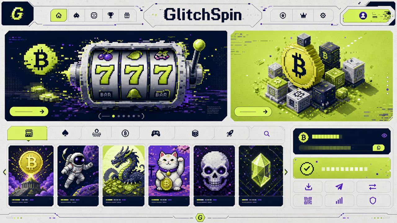 GlitchSpin Bitcoin casino homepage with pixel-glitch design, slot reels and game tiles