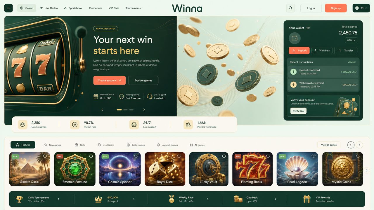 Winna casino homepage with game tiles and wallet panel