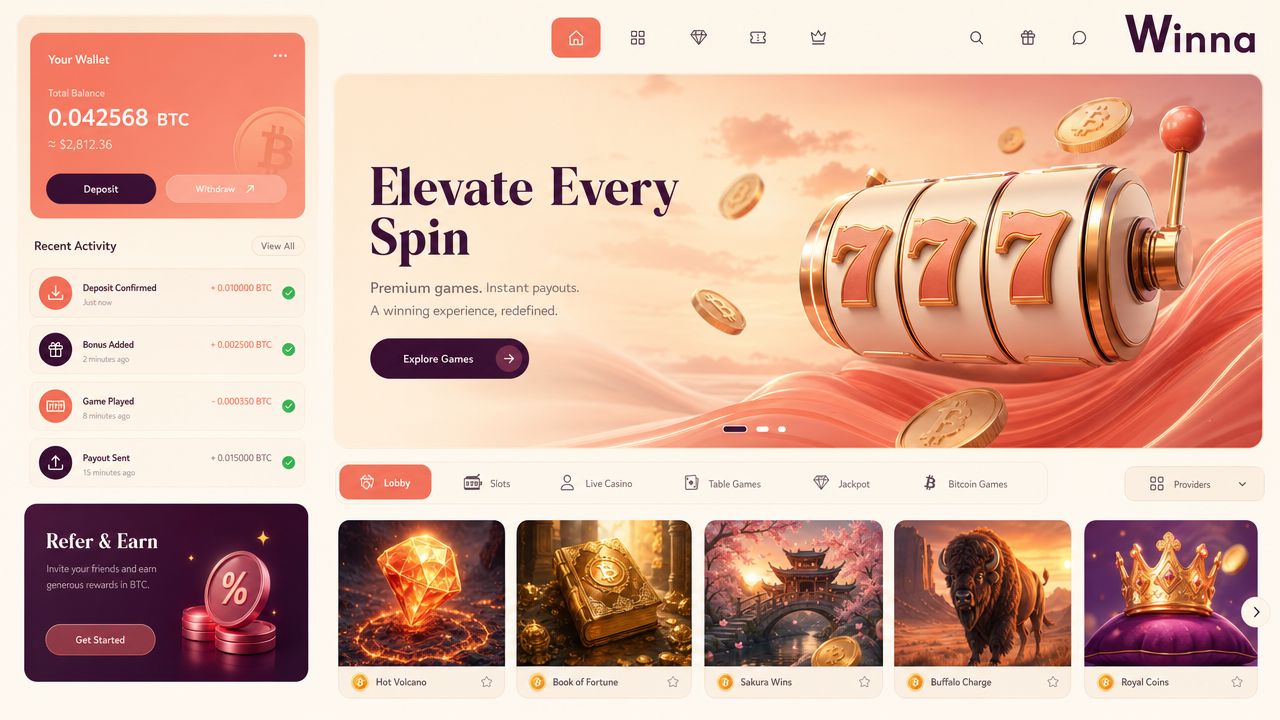 Winna casino homepage screenshot with coral and plum design